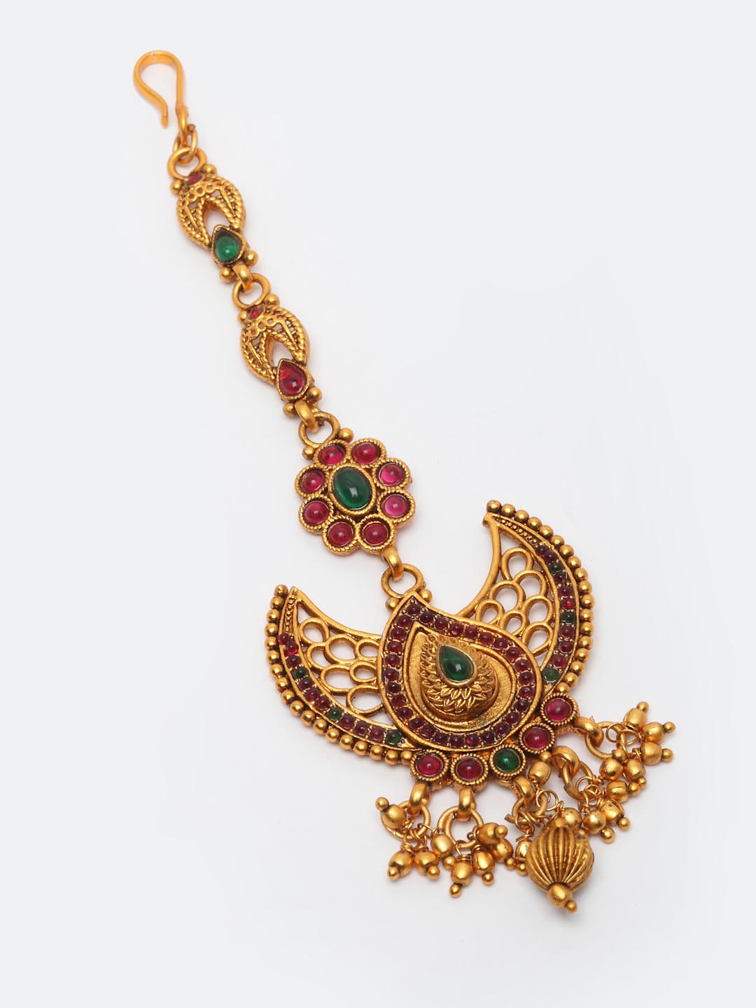 Gold-Plated Red & Green Stone-Studded & Pearl Beaded Maang Tikka