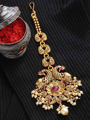 Gold-Plated White & Green Stone-Studded & Pearl Beaded Maang Tikka