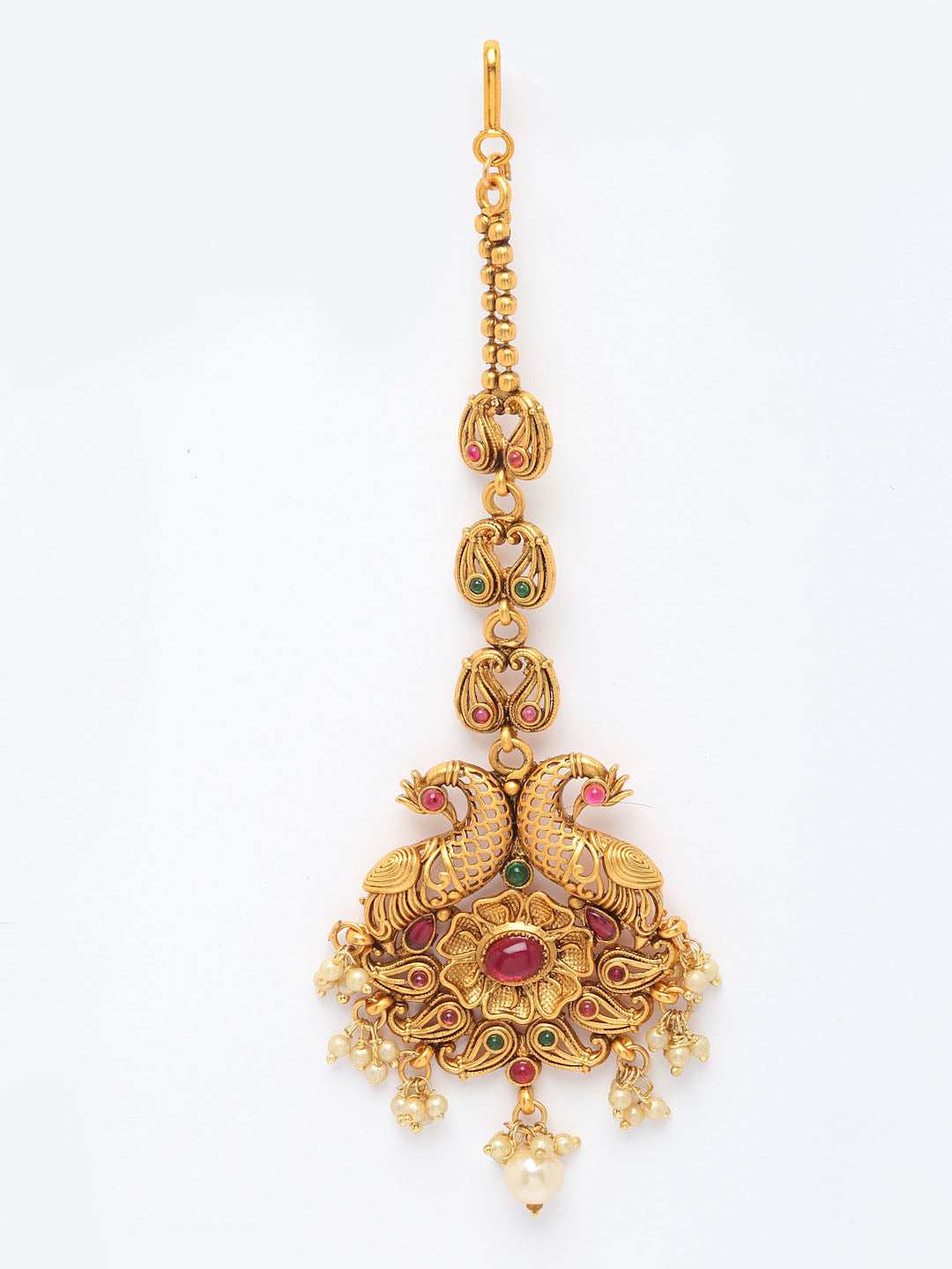 Gold-Plated White & Green Stone-Studded & Pearl Beaded Maang Tikka