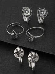 Set of 3 Pair Oxidised Silver Toned Adjustable Toe Rings