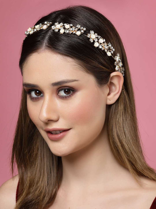 Women Gold-Plated CZ Stone Floral Shaped Embellished Tiara