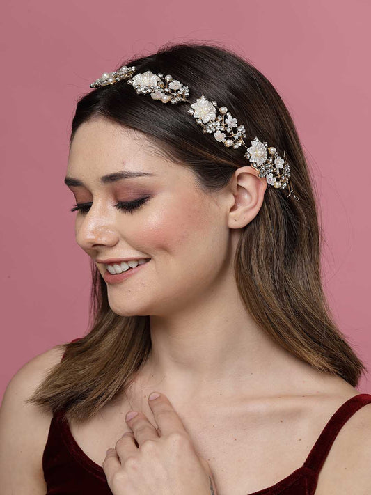 Gold-Plated CZ Stone & Pearl Floral Shaped Embellished Handcrafted Tiara