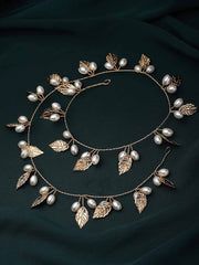 Women Gold-Plated Embellished Leaf Shaped Pearl Tiara