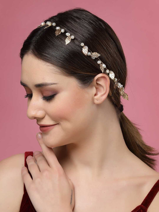 Women Gold-Plated Embellished Leaf Shaped Pearl Tiara