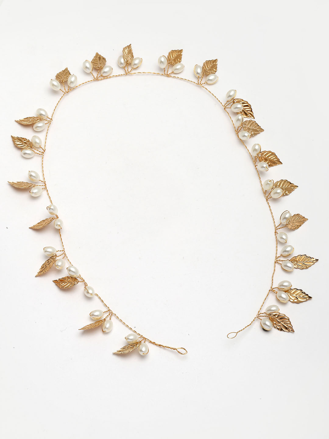 Women Gold-Plated Embellished Leaf Shaped Pearl Tiara