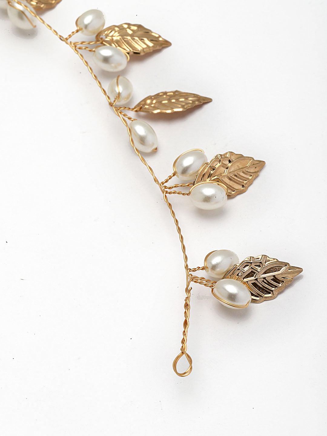 Women Gold-Plated Embellished Leaf Shaped Pearl Tiara