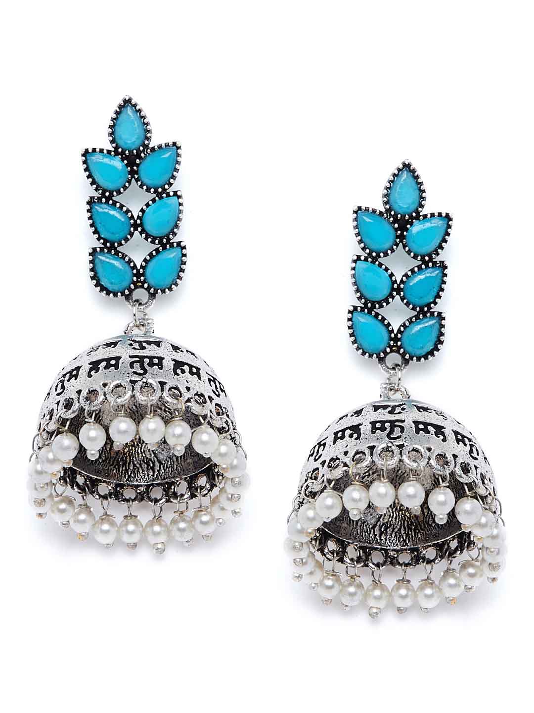 Silver-Plated & Turquoise Blue Handcrafted Dome Shaped Jhumkas