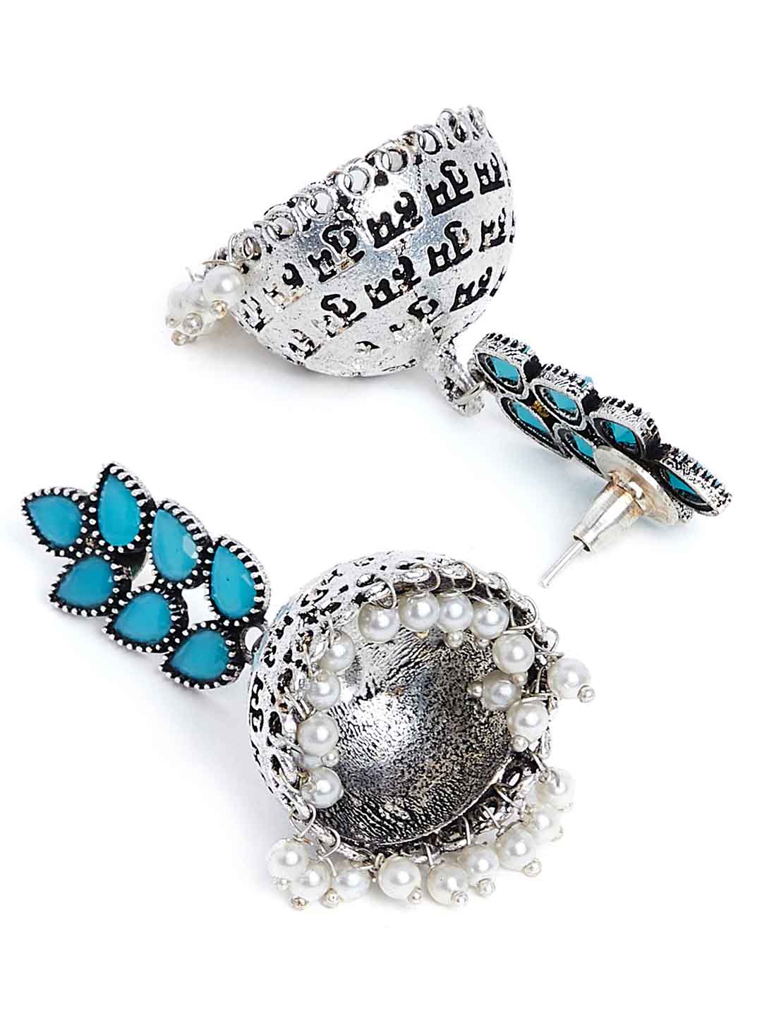 Silver-Plated & Turquoise Blue Handcrafted Dome Shaped Jhumkas