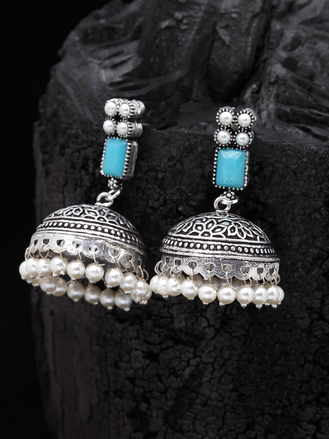 Silver-Plated & Turquoise Blue Oxidised Jhumkas