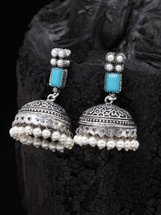 Silver-Plated & Turquoise Blue Oxidised Jhumkas