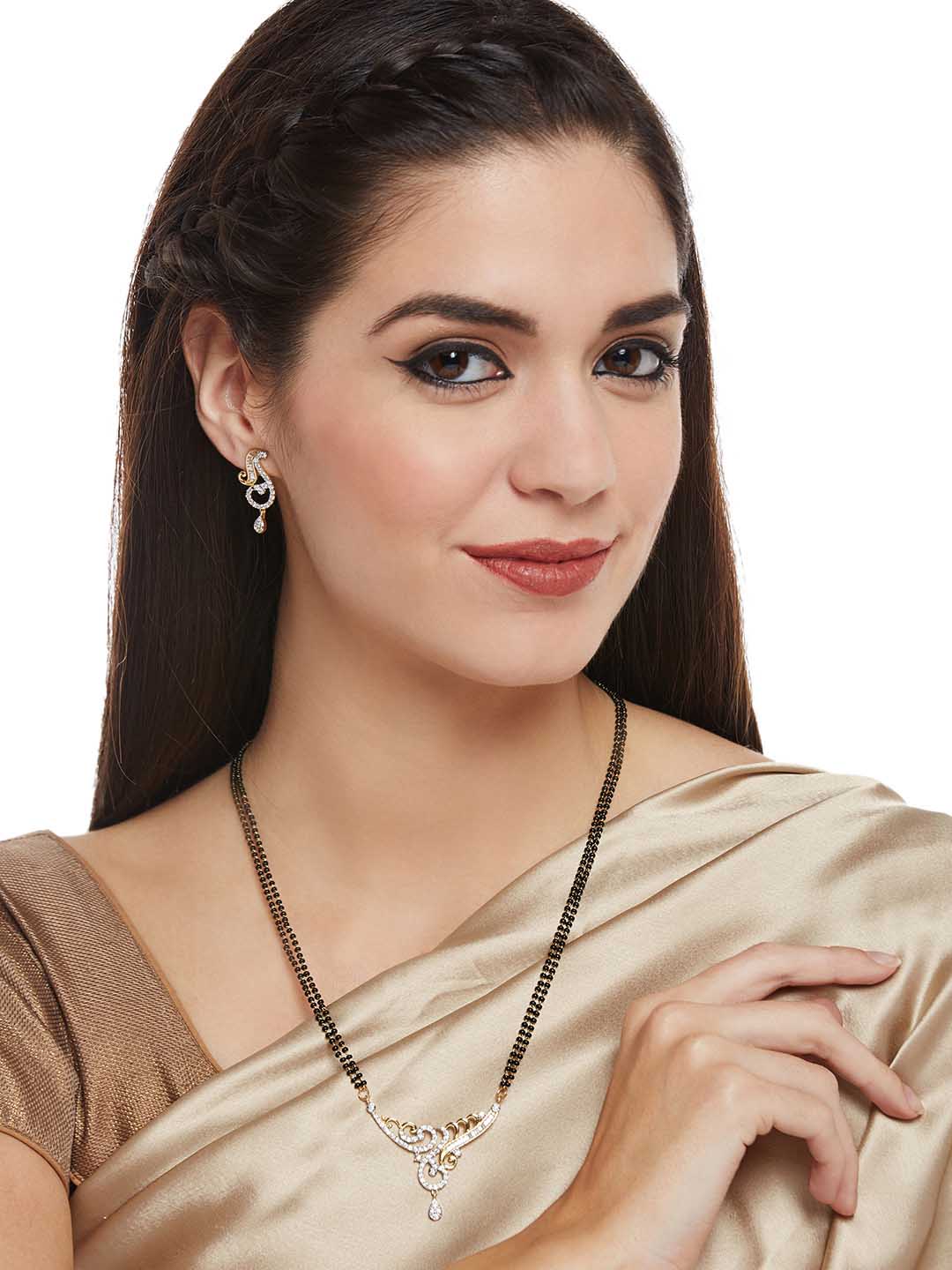 Gold-Toned & White Stone-Studded Mangalsutra & Earrings Set