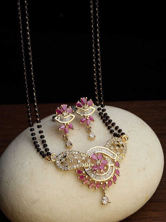 Gold-Plated & White &Pink CZ Stone-Studded Mangalsutra Set