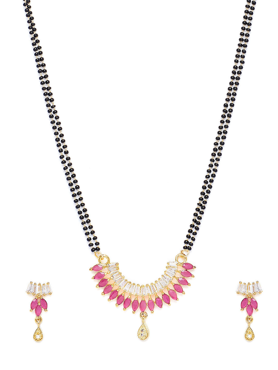 Gold-Plated Pink CZ Stone-Studded & Beaded Mangalsutra Set