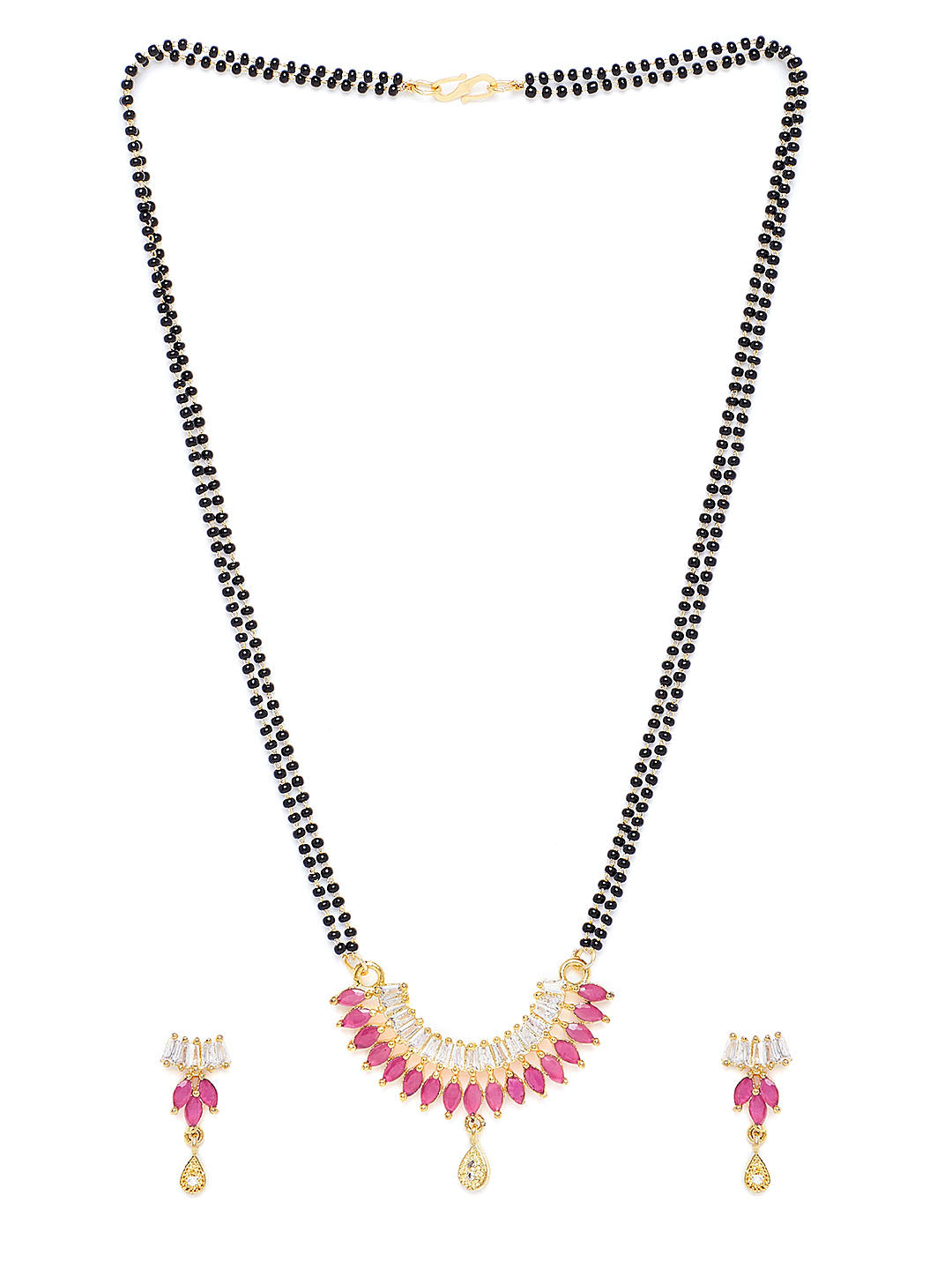 Gold-Plated Pink CZ Stone-Studded & Beaded Mangalsutra Set