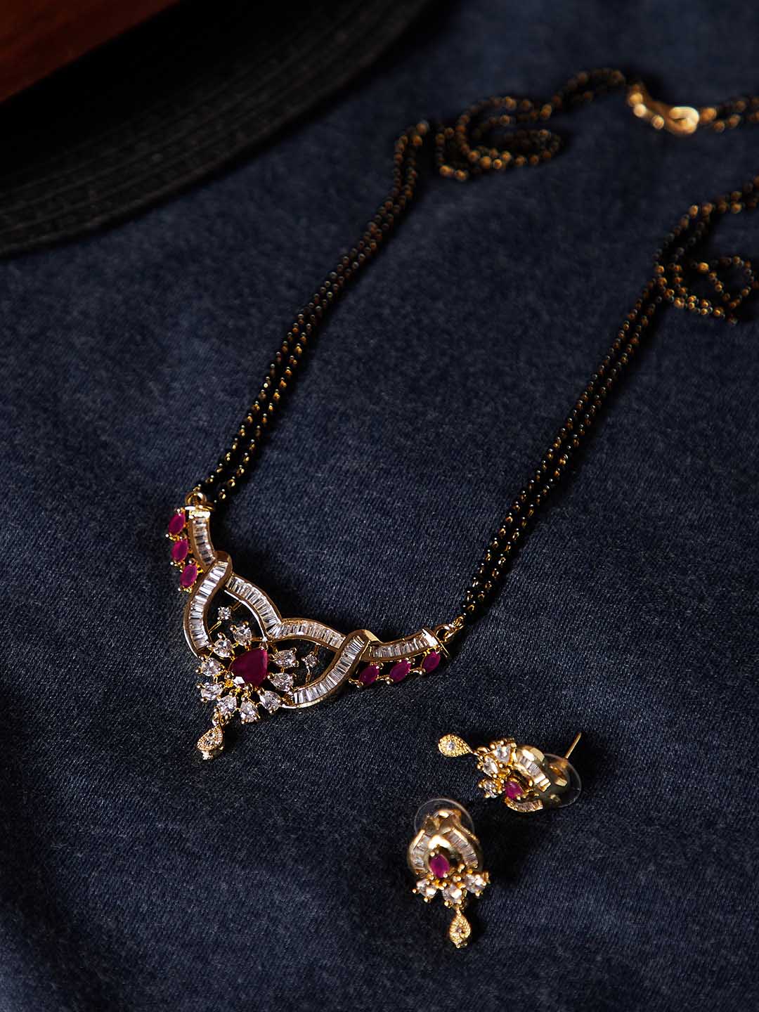 Gold-Plated Pink & White CZ Stone-Studded Mangalsutra With Earrings