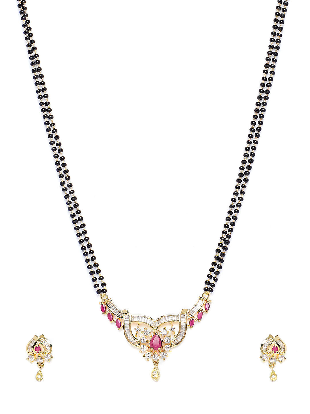 Gold-Plated Pink & White CZ Stone-Studded Mangalsutra With Earrings