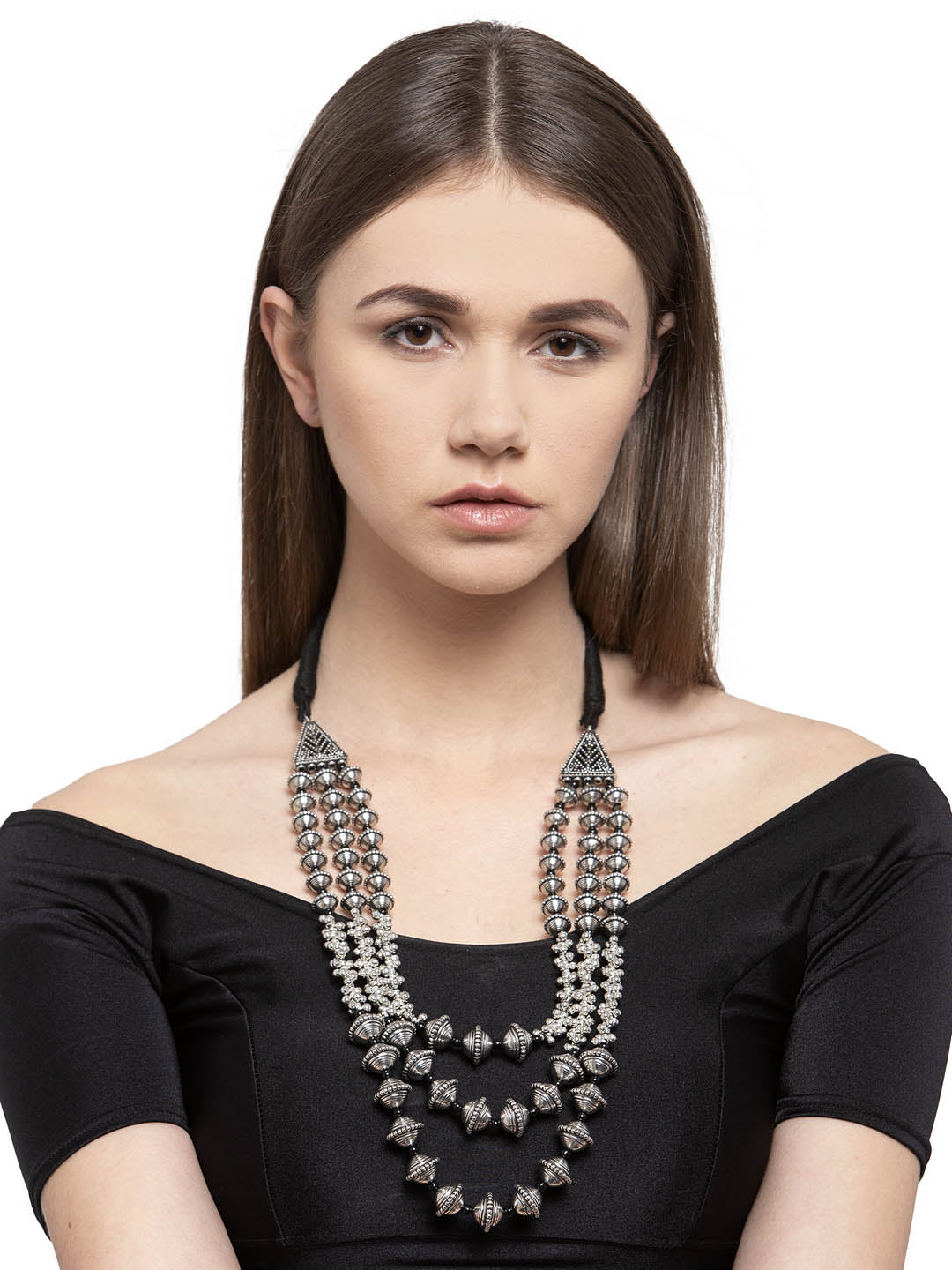 Silver-Plated Beaded Oxidized Layered Necklace