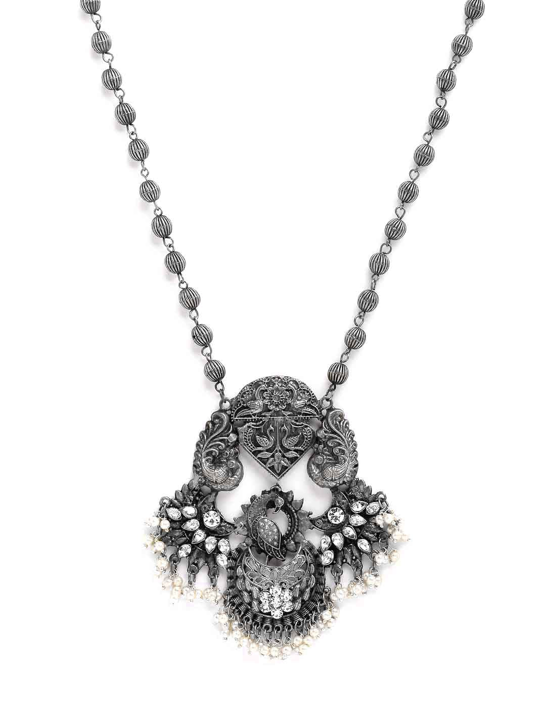 Silver-Toned Pearls & Stone Studded Oxidized Necklace