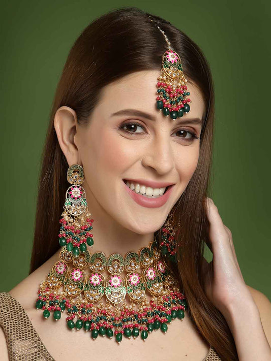 Gold-Plated White Kundan-Studded & Pink & Green Pearl Beaded Jewellery Set