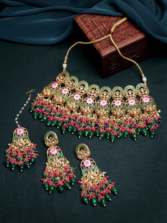 Gold-Plated White Kundan-Studded & Pink & Green Pearl Beaded Jewellery Set