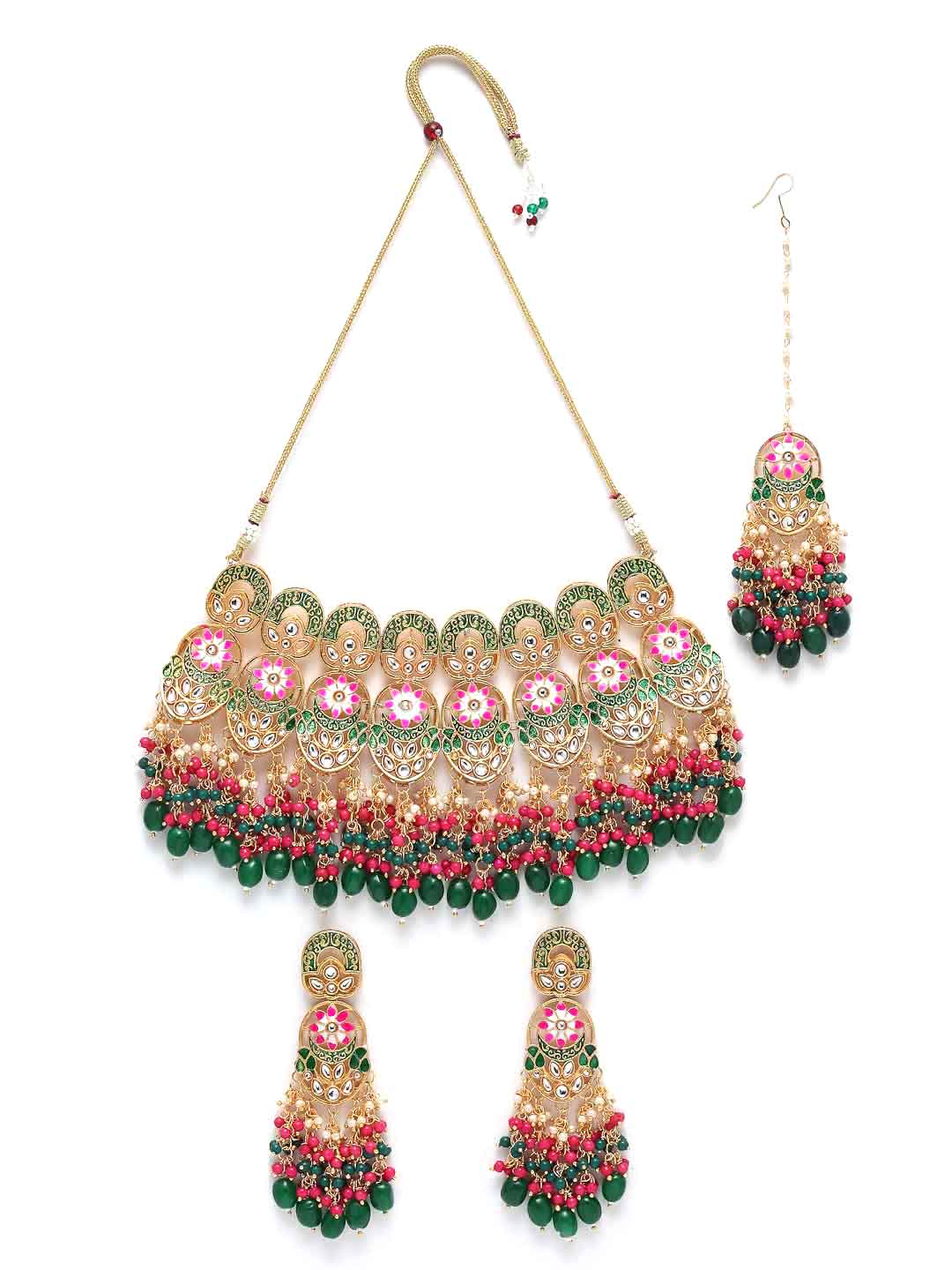 Gold-Plated White Kundan-Studded & Pink & Green Pearl Beaded Jewellery Set