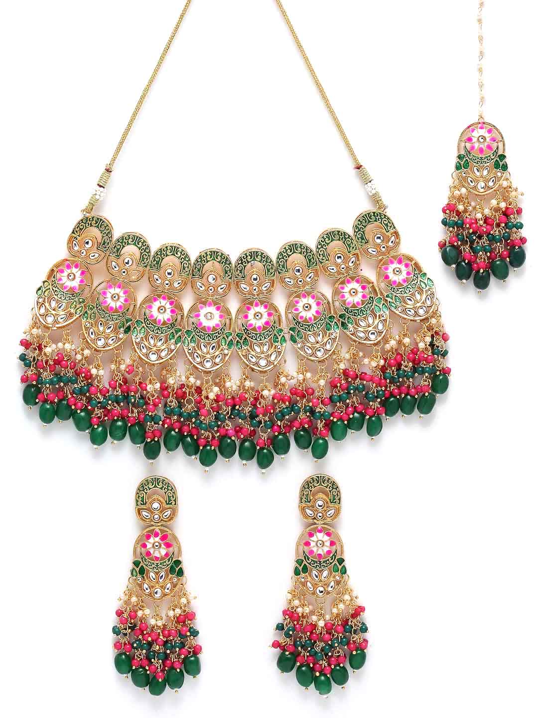 Gold-Plated White Kundan-Studded & Pink & Green Pearl Beaded Jewellery Set