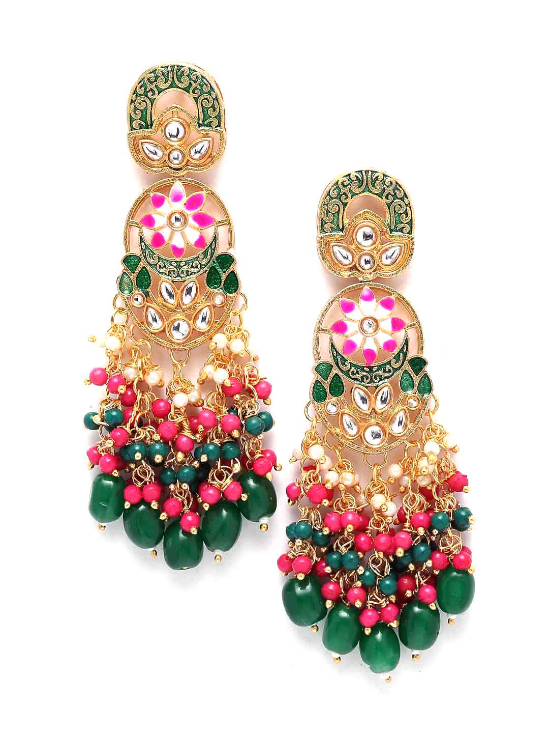 Gold-Plated White Kundan-Studded & Pink & Green Pearl Beaded Jewellery Set