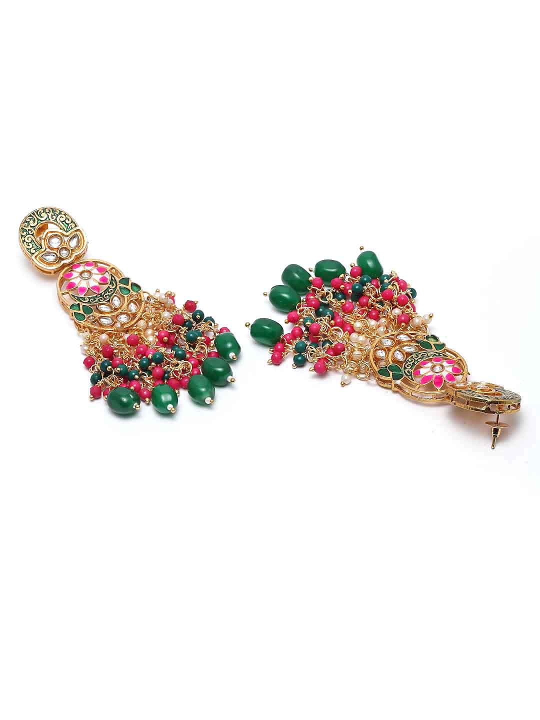 Gold-Plated White Kundan-Studded & Pink & Green Pearl Beaded Jewellery Set