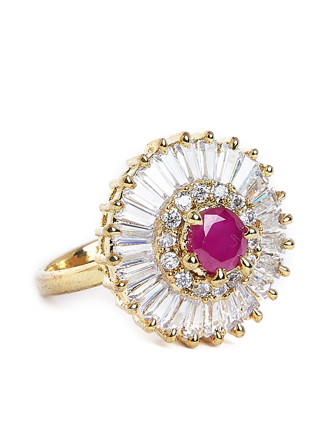 Women Gold-Plated Pink & White CZ Stone-Studded Finger Ring