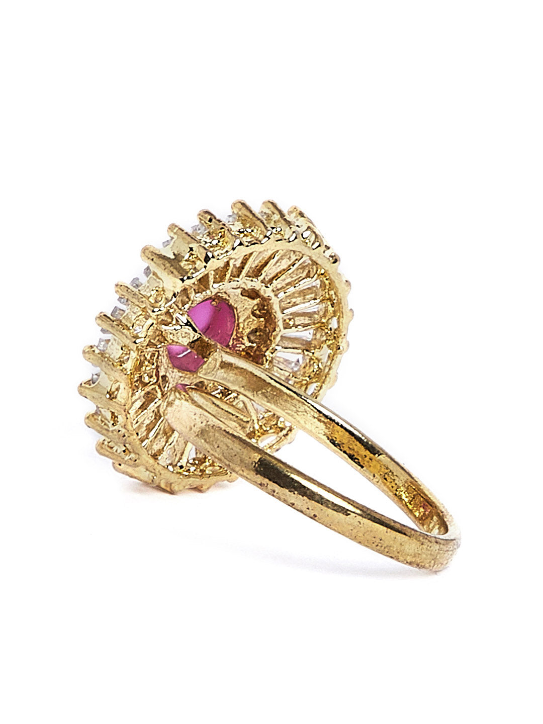 Women Gold-Plated Pink & White CZ Stone-Studded Finger Ring