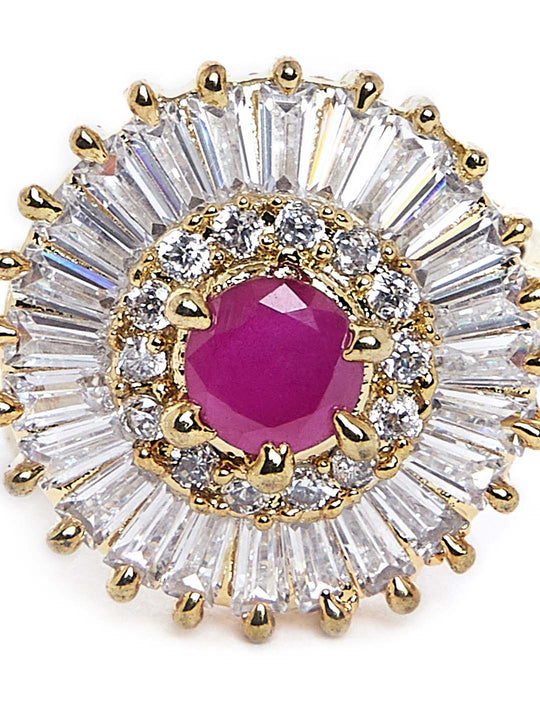 Women Gold-Plated Pink & White CZ Stone-Studded Finger Ring